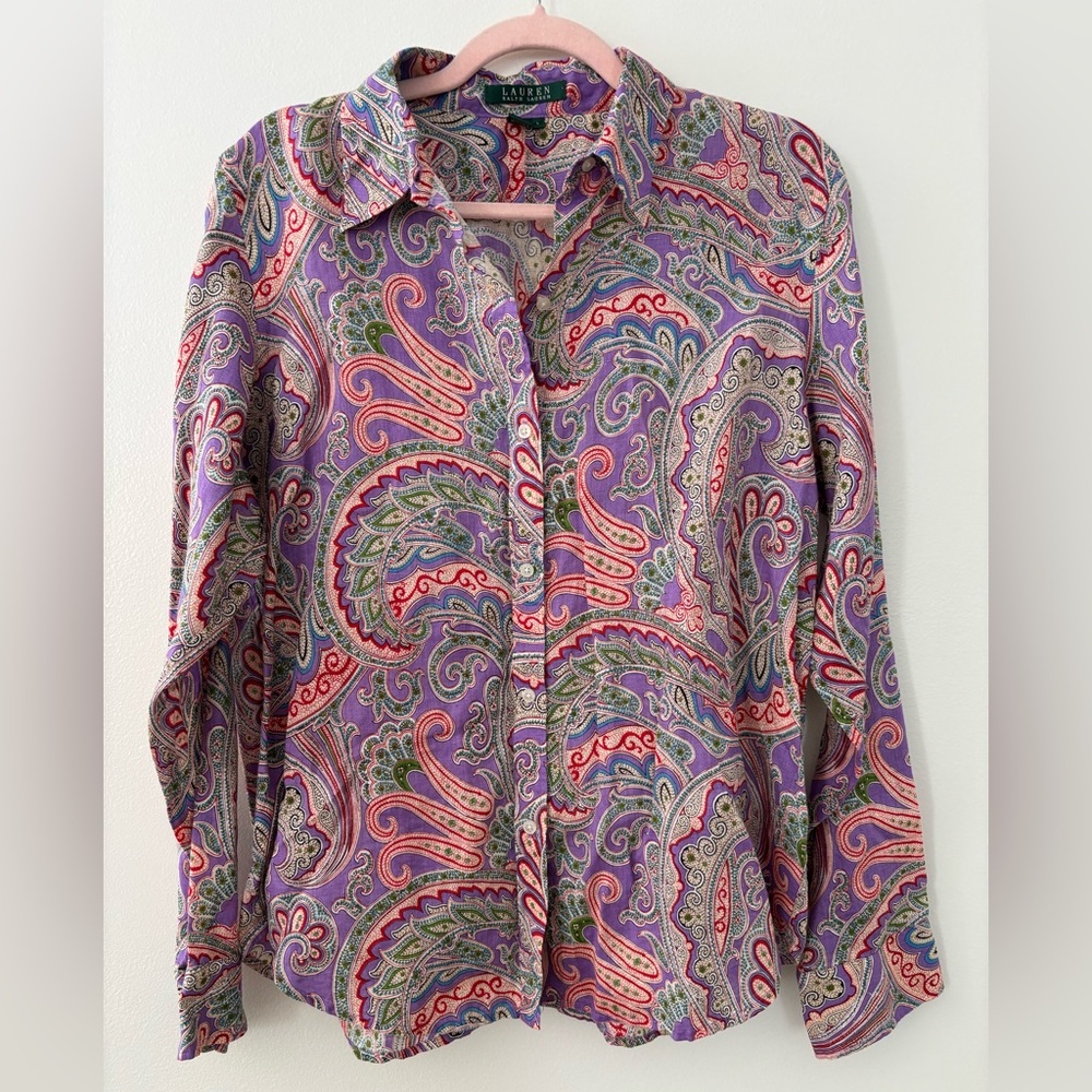 Lauren Ralph Lauren Paisley Long Sleeve Button Down Large 100% Linen